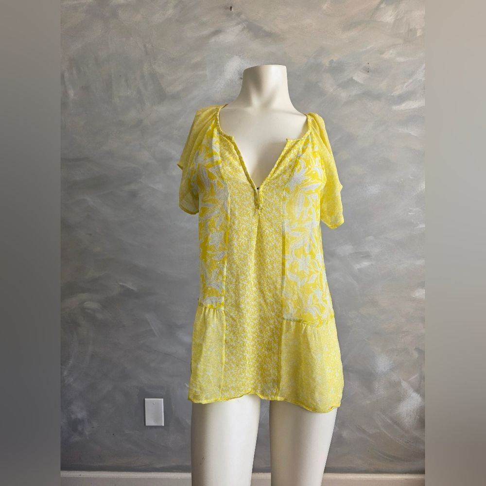 Joie 'Anerae' Yellow & White Silk Blouse Top V Neck Short Sleeve Sz M